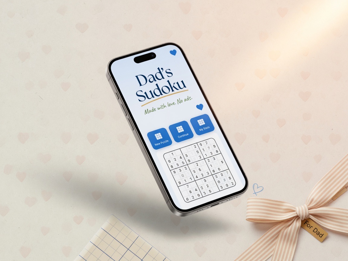 Phone mockup of Dad’s Sudoku on a warm gift-themed background