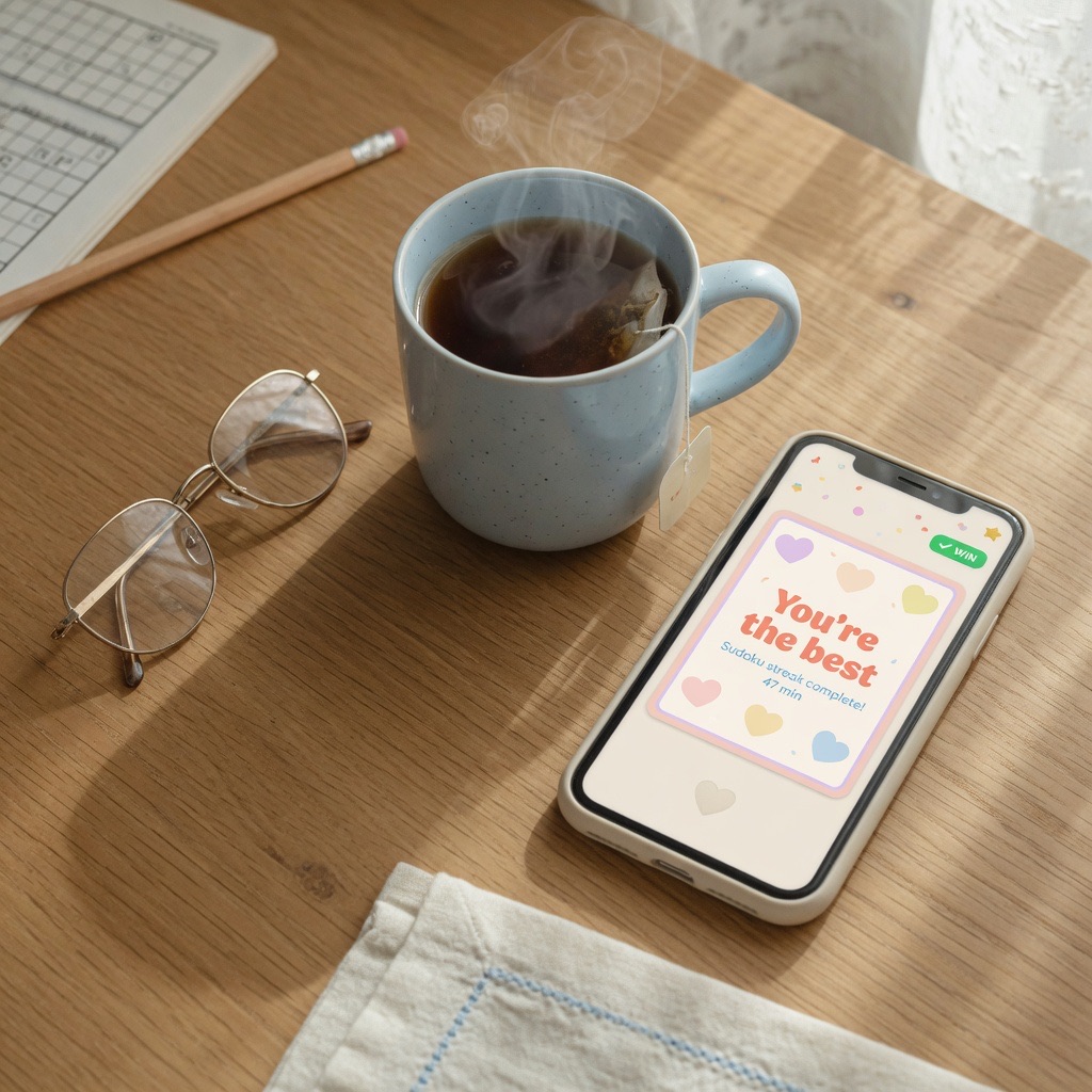Cozy table with tea and a phone showing a warm win love note