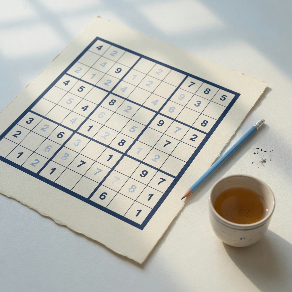 Printed Sudoku board with pencil and tea in soft morning light